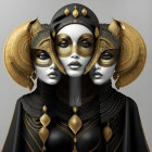 Regal futuristic woman in gold and black attire with ornate headpiece and mask.