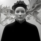 Monochromatic 3D humanoid figure with tree-like structures on gray background