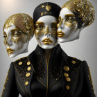 Stylized figures with golden masks and spiral headdresses on neutral background