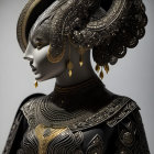 Stylized female figure with ornate gold headgear and attire