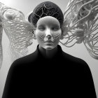 Monochromatic image of person with neural network-inspired wings on head