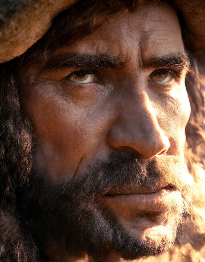 Intense-eyed man with curly hair and beard wearing a hat under sunlight