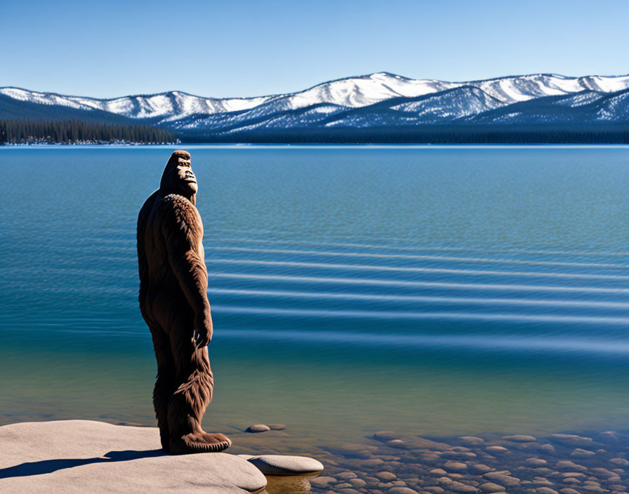 Person in Bigfoot costume by lakeshore with mountain range