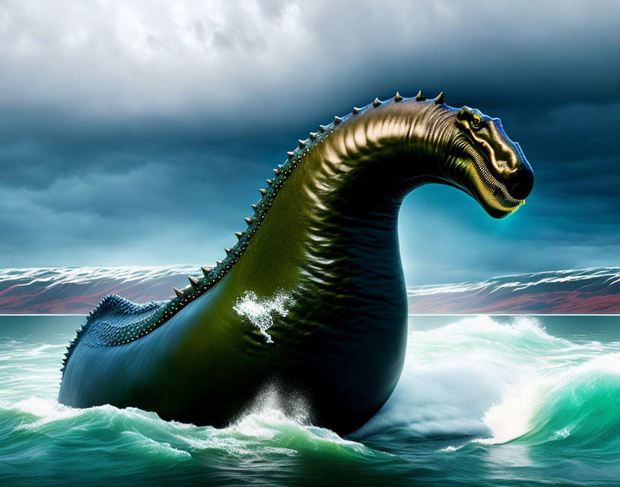 Digital illustration: Sea serpent in stormy ocean.