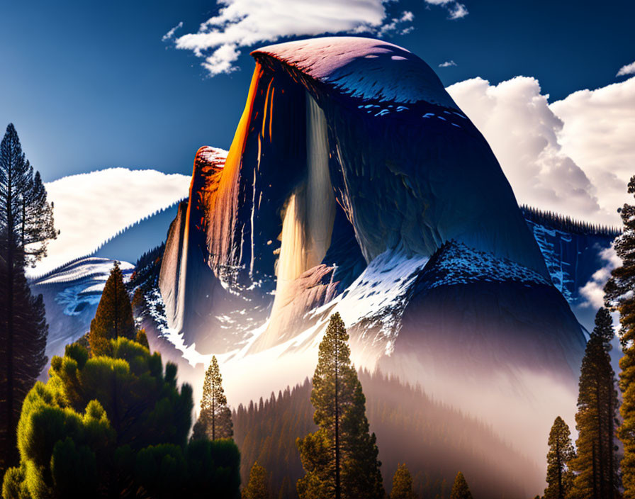 Surreal landscape with curved mountain peak and misty forests