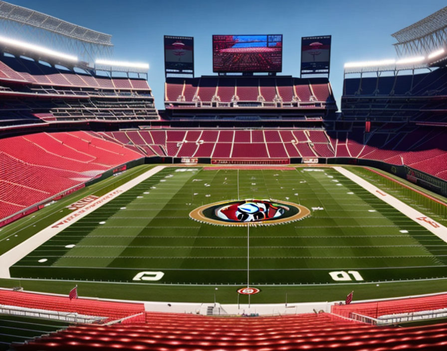Deserted football stadium with red seats and team logo on field