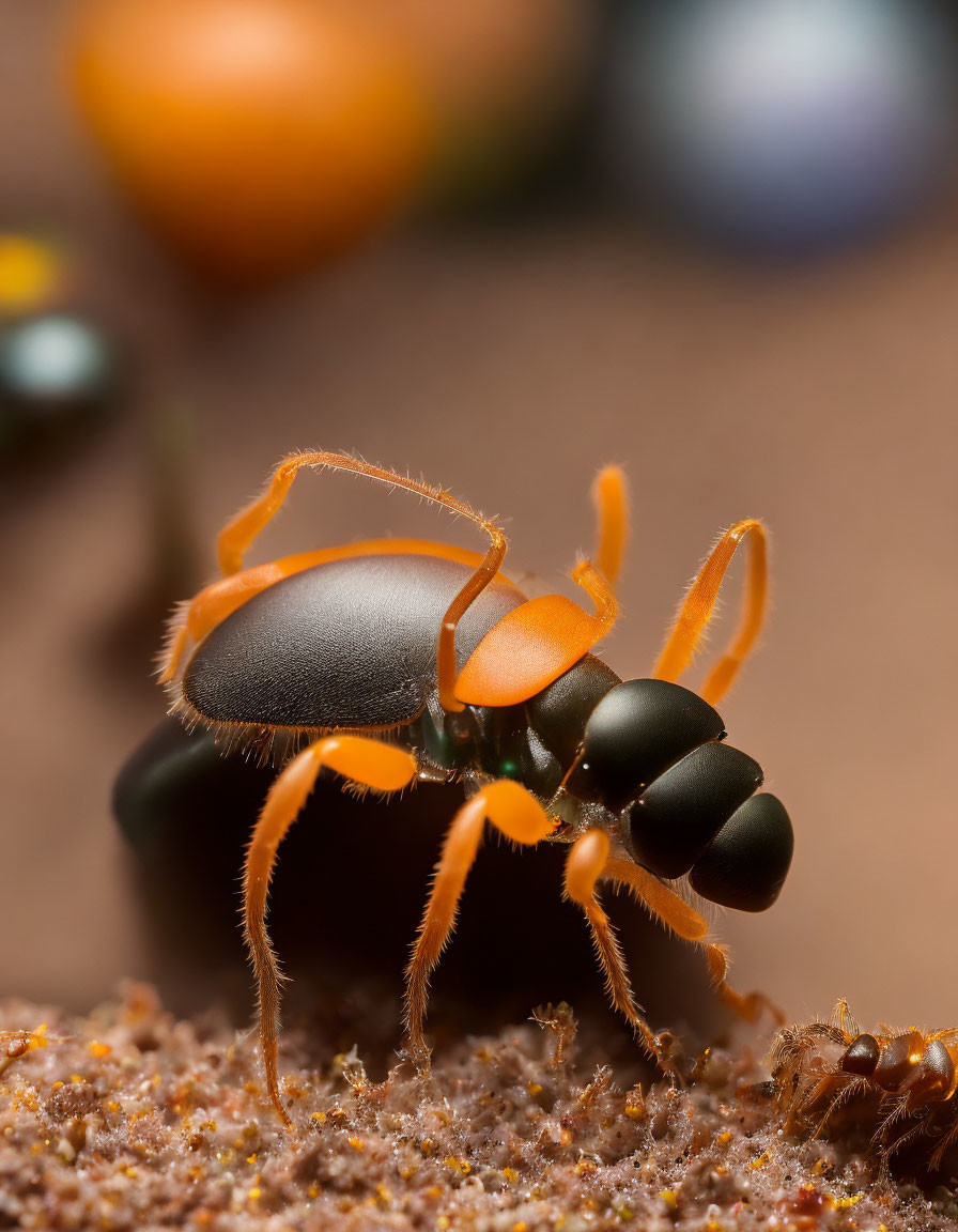 Colorful Beetle with Jointed Antennae and Legs on Ground with Blurry Spheres