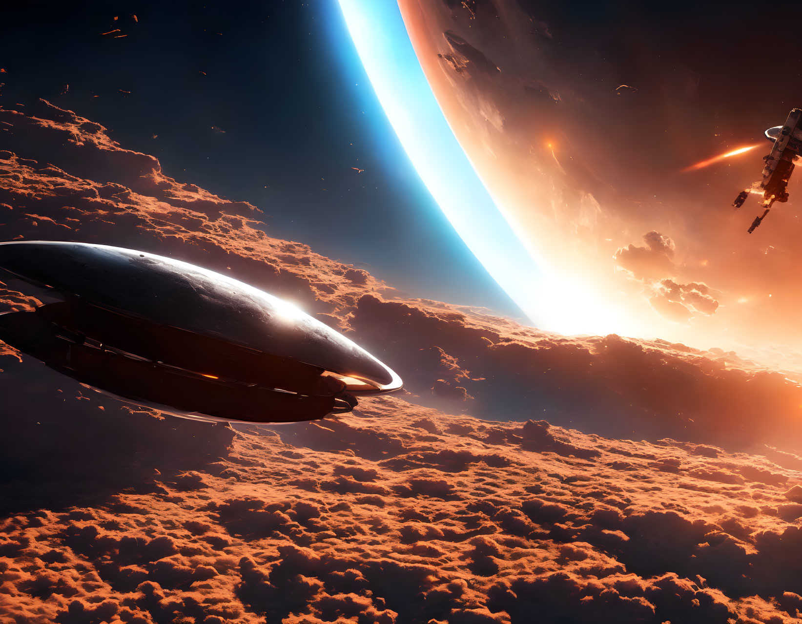 Spaceship flying over cloud-covered planet at sunrise with celestial body