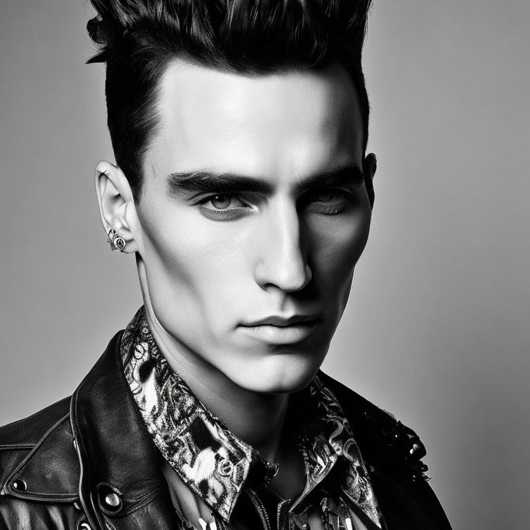 Stylish young man with slicked-back hair in monochrome portrait