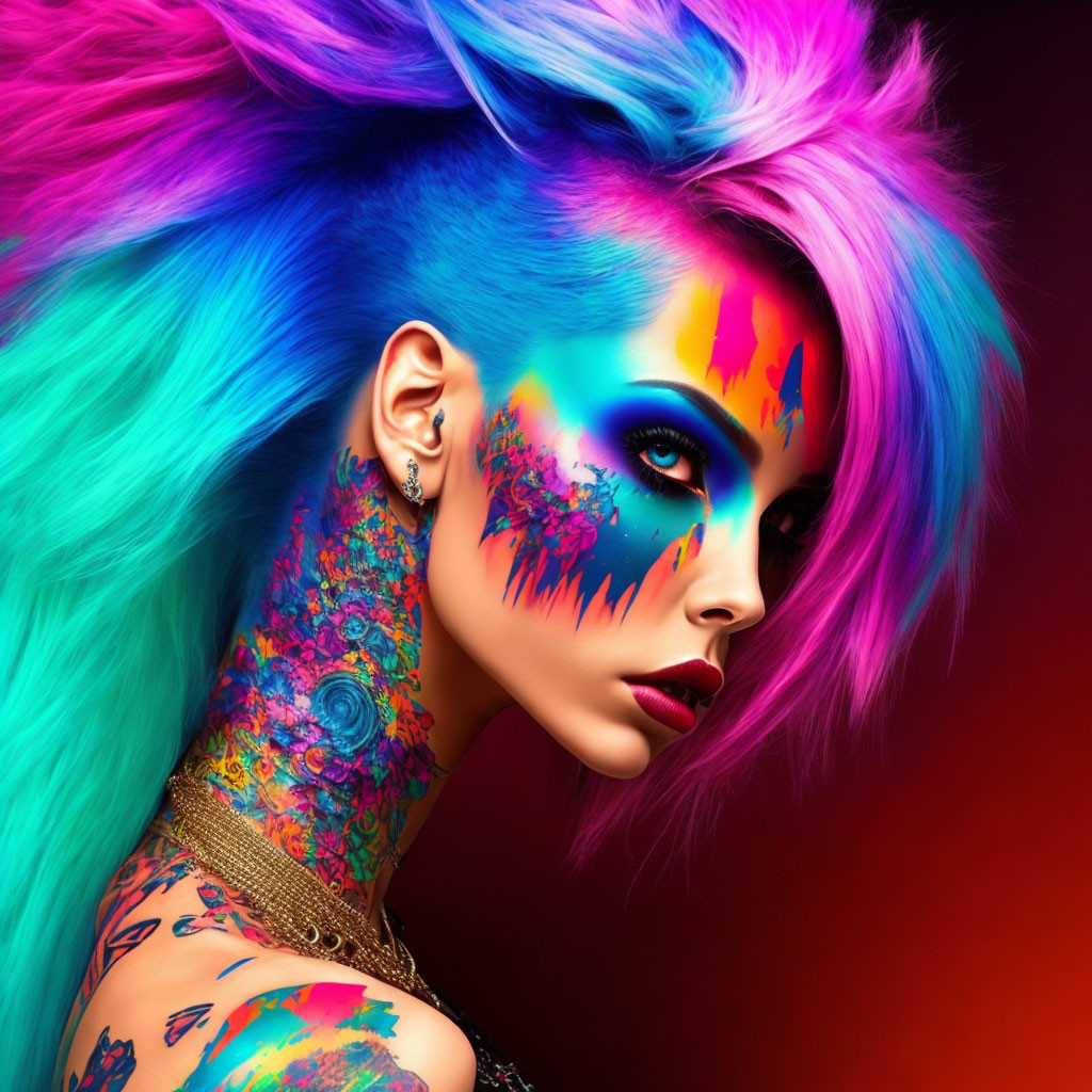 Rainbow-haired woman with bold makeup on red background