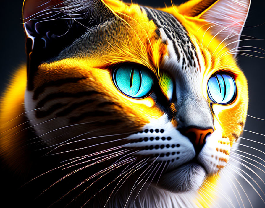 Colorful Cat Artwork with Blue Eyes and Stripes on Dark Background