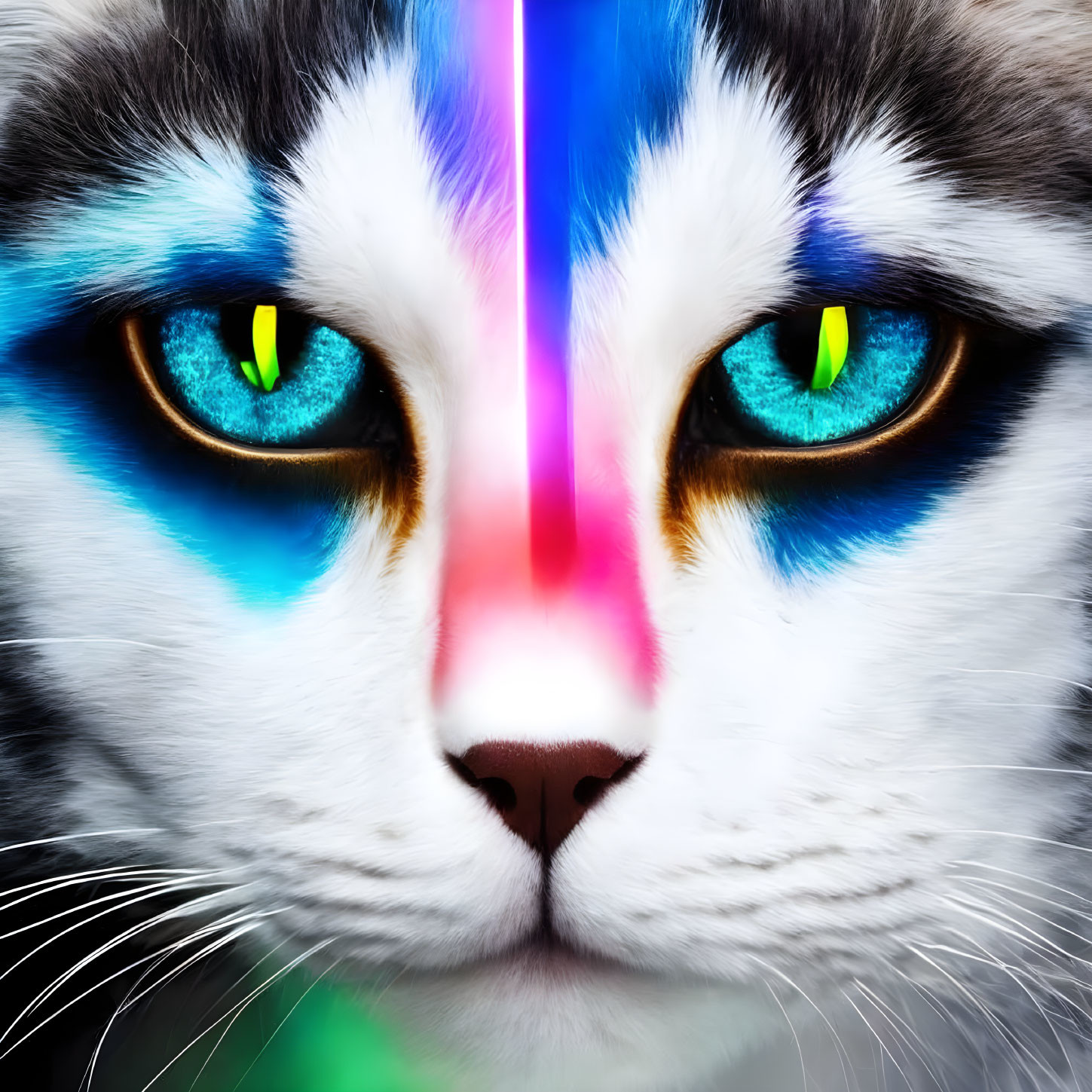 Close-up Digital Artwork: Cat's Face with Neon Blue and Pink Colors