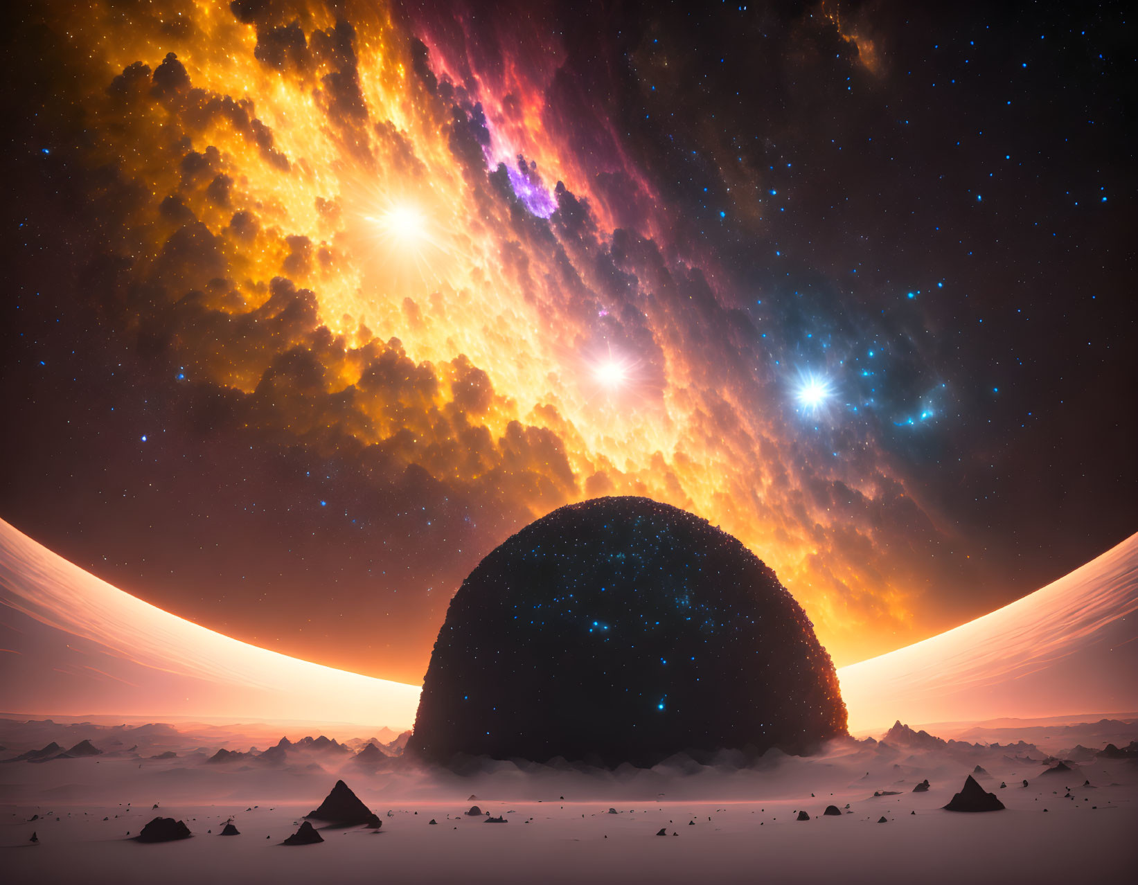 Surreal cosmic landscape with glowing nebulae and bright stars