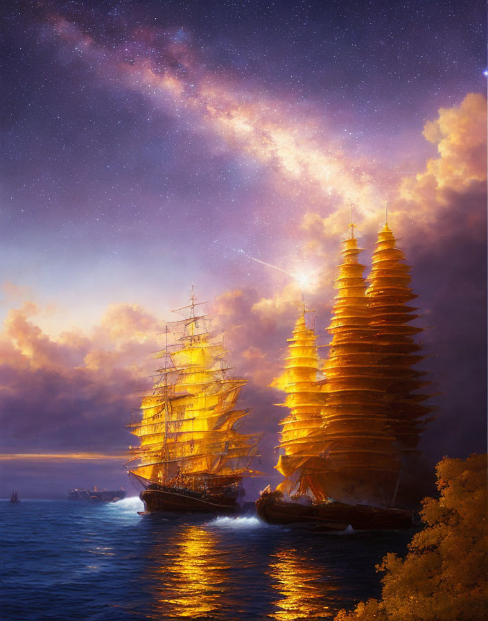 Tall ships with illuminated sails on calm sea under starry sky