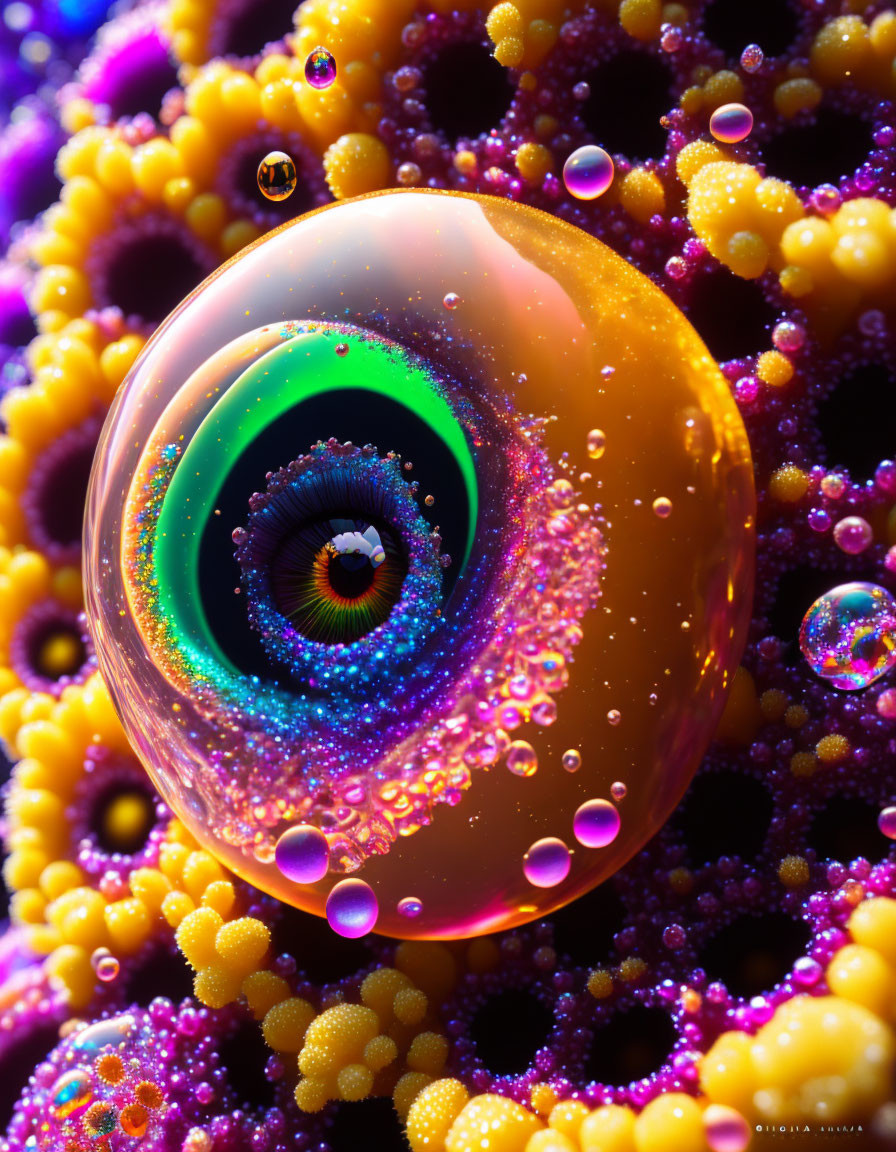 Colorful Bubbles with Swirling Eye Pattern on Purple Background