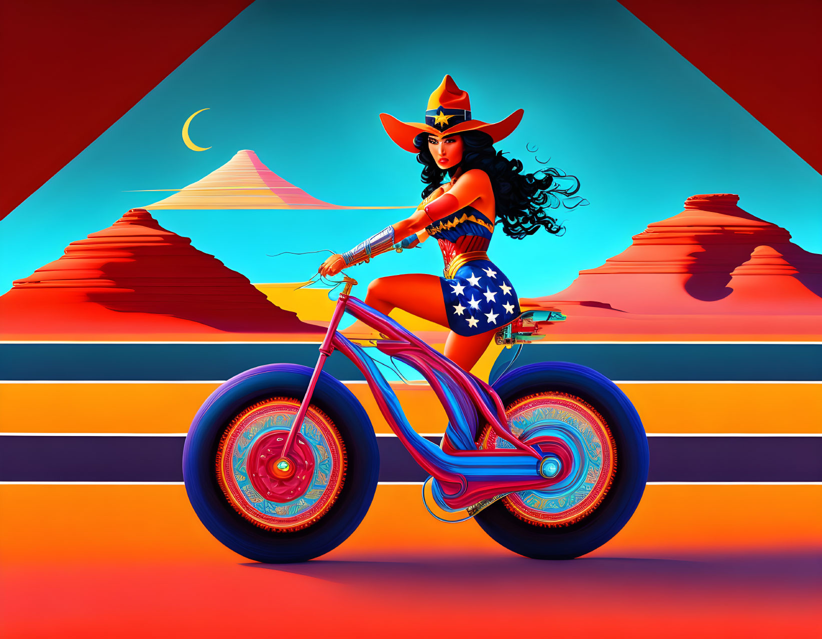 Stylized image of woman in cowboy hat on motorcycle in desert landscape