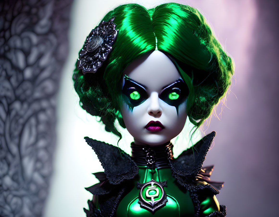 Vibrant green hair doll with gothic attire and brooch on purple backdrop