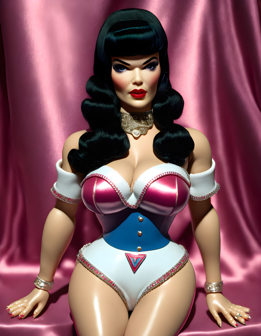 Stylized doll with black hair in white and blue bodysuit on pink background