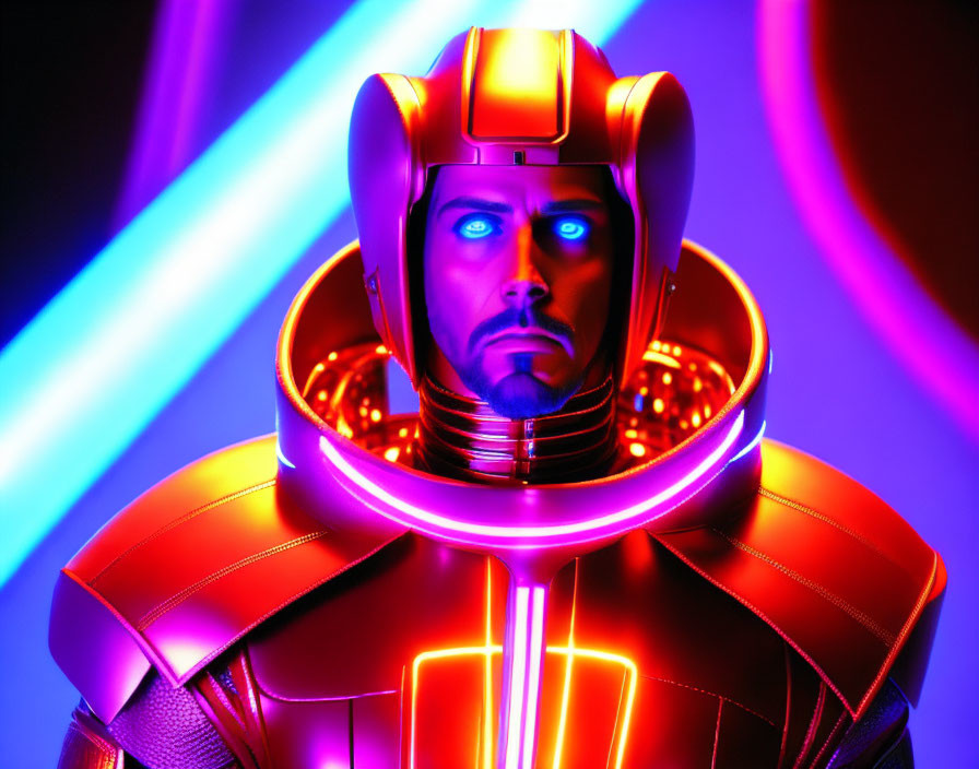 Colorful Futuristic Suit Figure with Glowing Eyes and Chest in Neon Backdrop