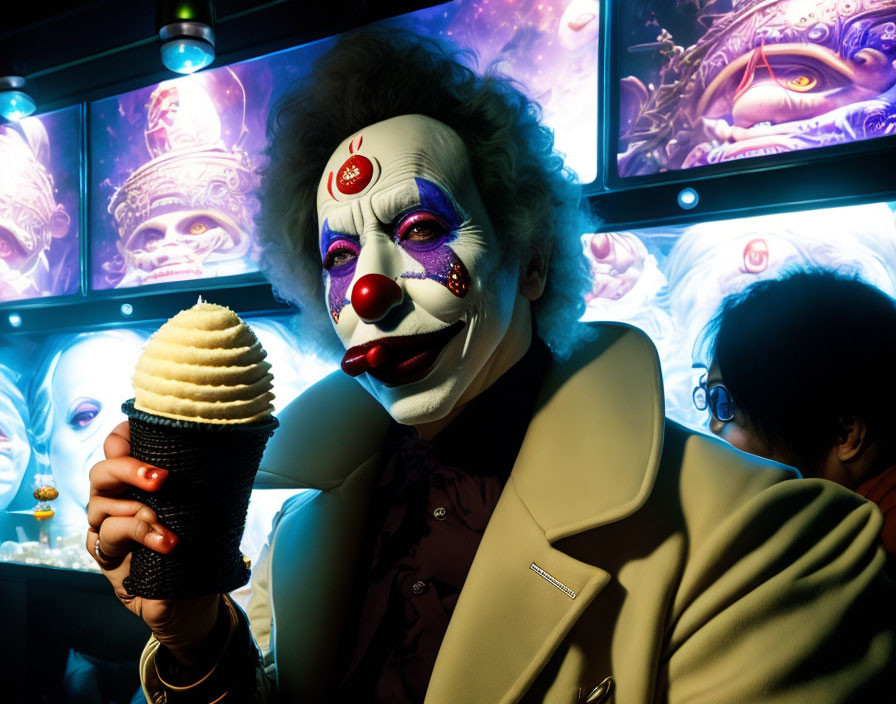 Clown in white makeup holds ice cream cone against colorful backdrop