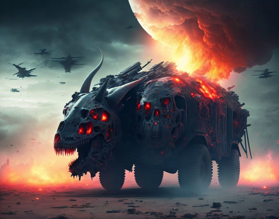 Skull-shaped vehicle in apocalyptic explosion with warplanes above