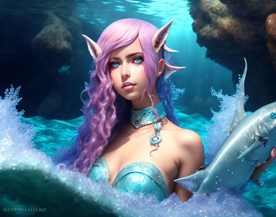 Fantasy image of female elf with purple hair holding fish in underwater scene