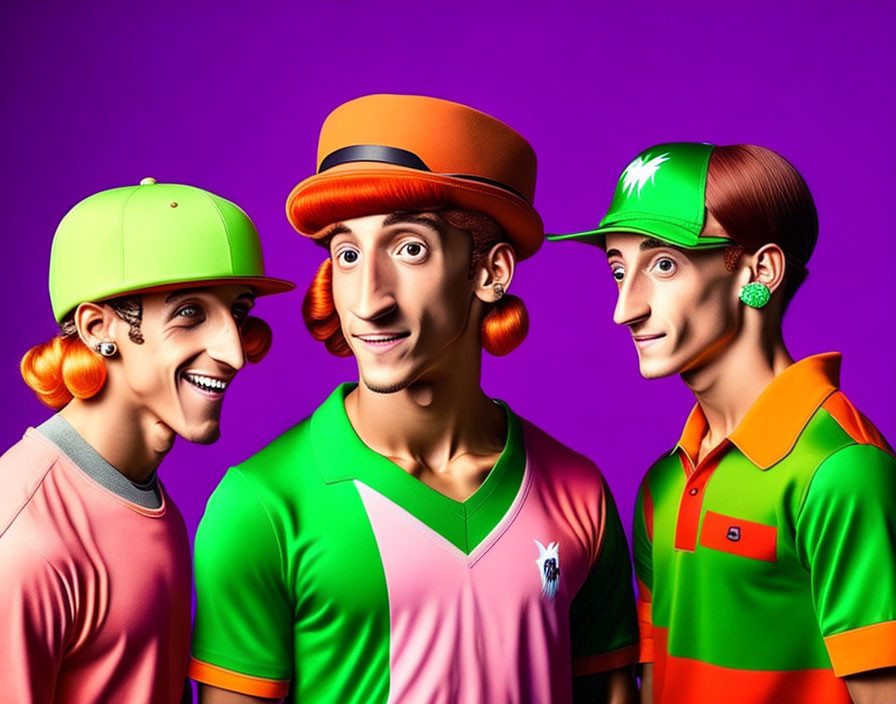 Colorful cartoonish male figures in hats and polo shirts on purple background