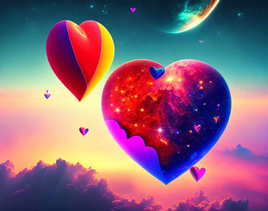 Digital artwork: Cosmic hearts, starry textures, clouds, distant planet