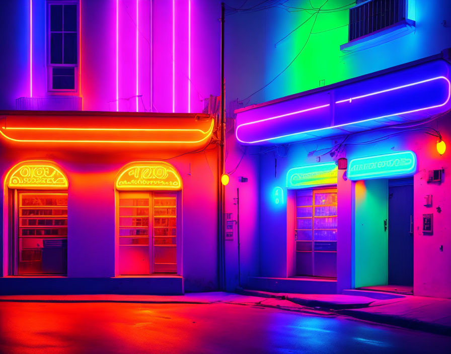 Colorful neon-lit street corner at night with pink, blue, and purple hues