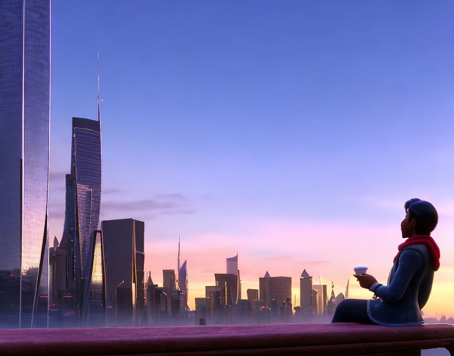 Person on Bench Admiring City Skyline at Sunrise or Sunset