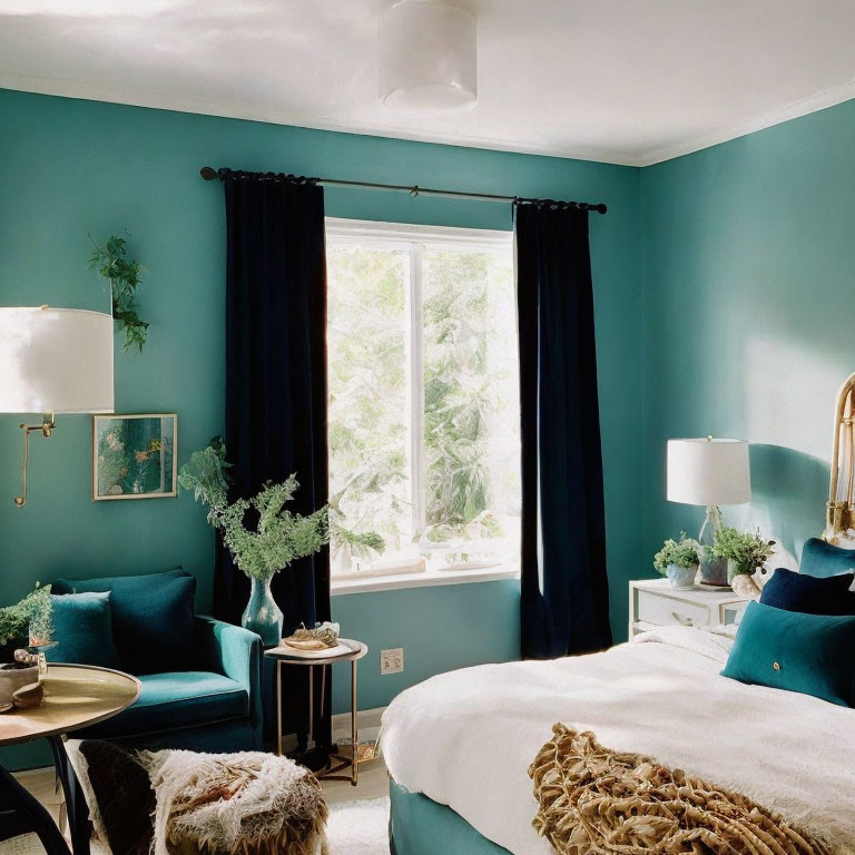 Teal-themed cozy bedroom with dark curtains, gold accents, blue armchairs, and greenery