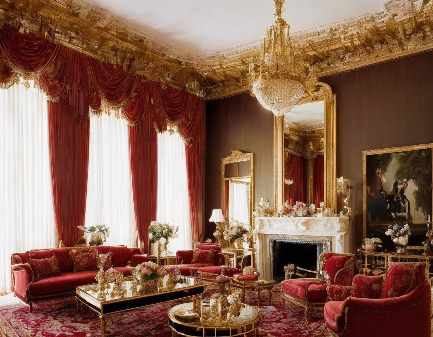 Luxurious Red Velvet Sofas and Gold Accents in Opulent Room