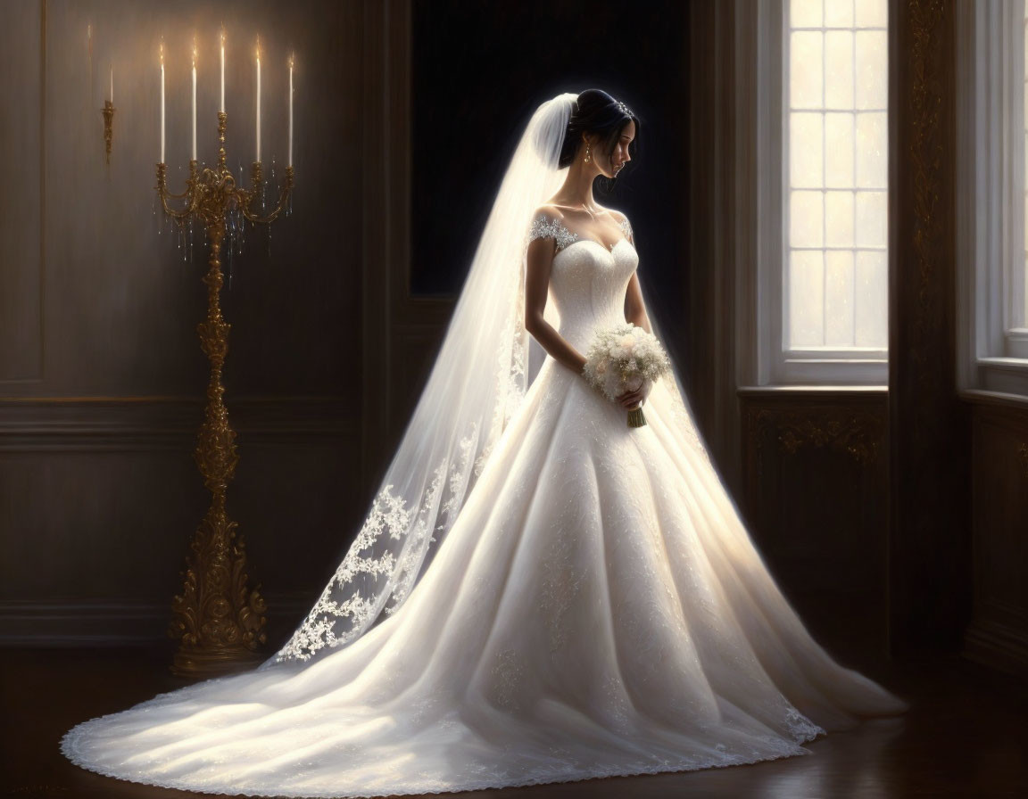 Serene bride in white gown with bouquet by window