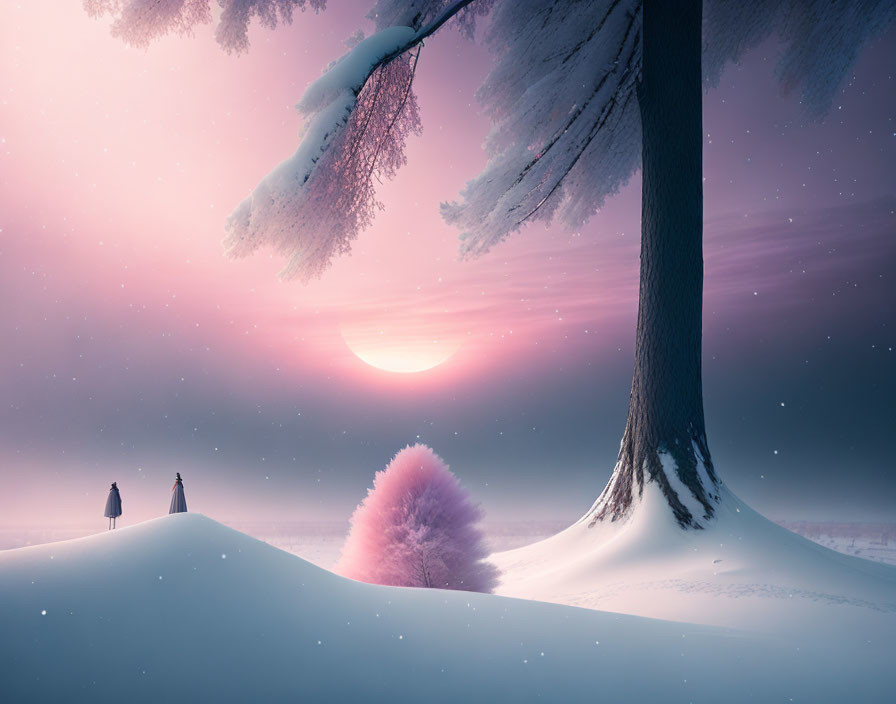 Snow-covered tree with two people in winter sunset.