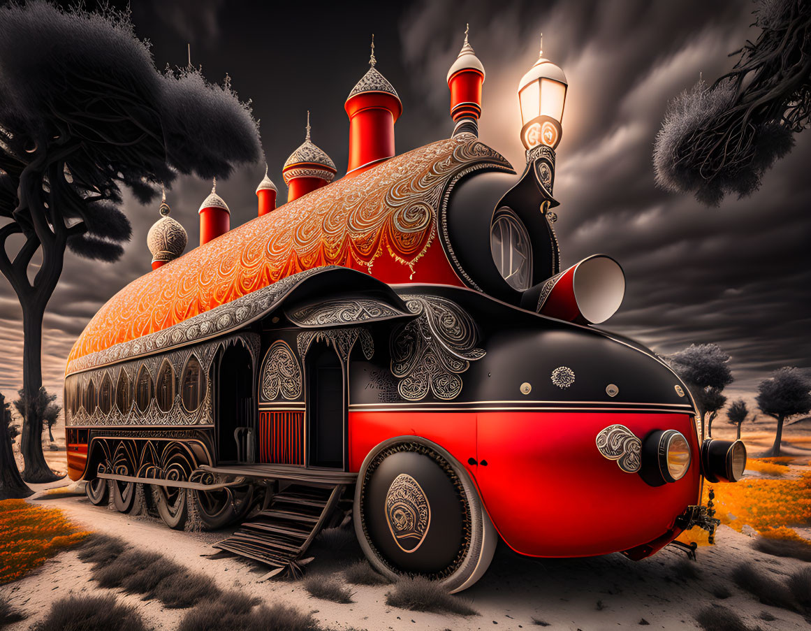 Fantastical train with eastern-inspired architecture in surreal desert landscape