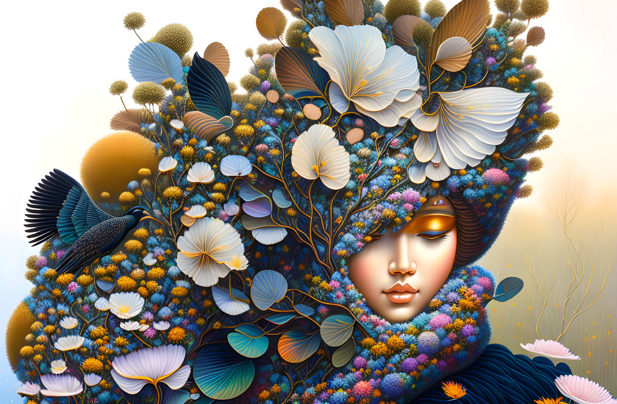 Colorful surreal illustration: Female face merges with vibrant botanical scene