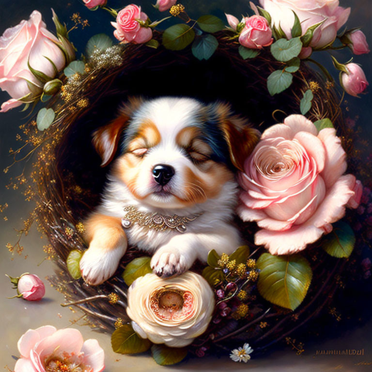 Sleeping puppy in pink and white rose wreath exudes serenity.