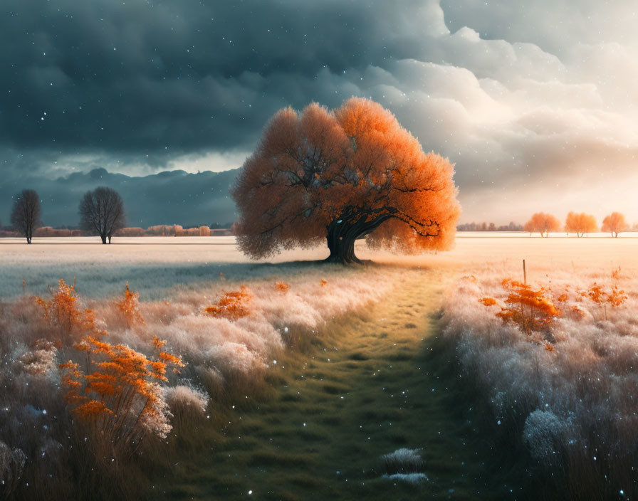 Vibrant orange tree in serene field under starry twilight sky