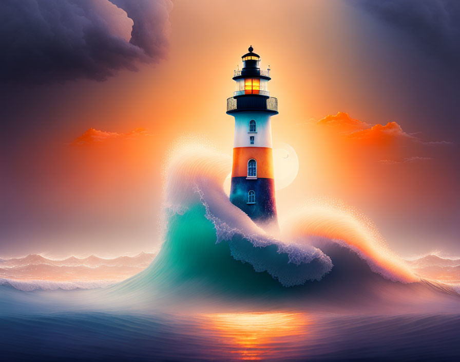 Lighthouse on Wave at Sunset with Surreal Elements