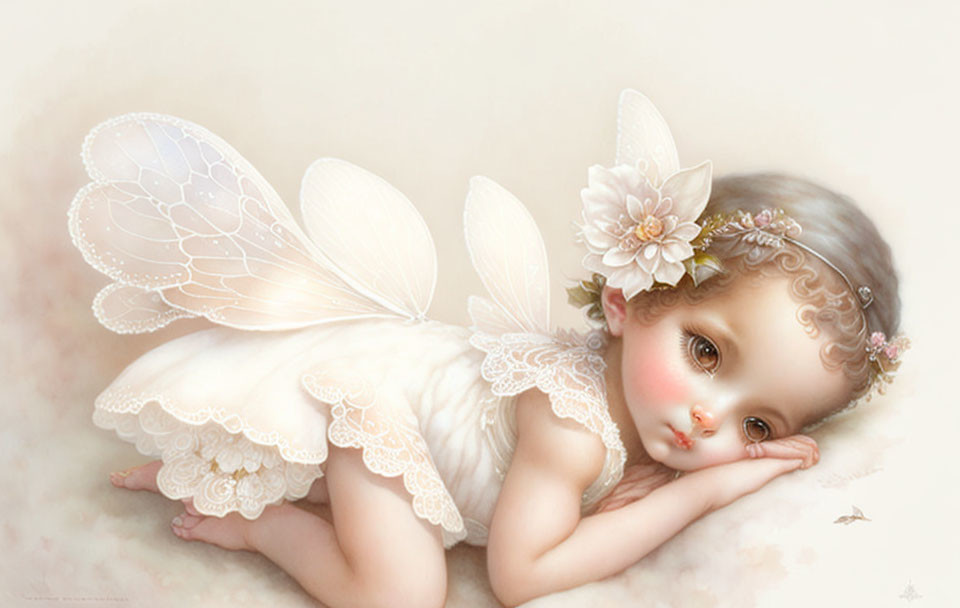 Whimsical cherubic child with butterfly wings and floral accents