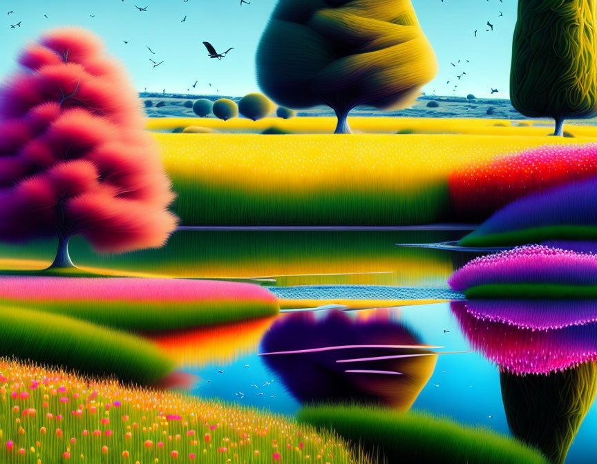 Colorful surreal landscape with stylized trees, ponds, and birds