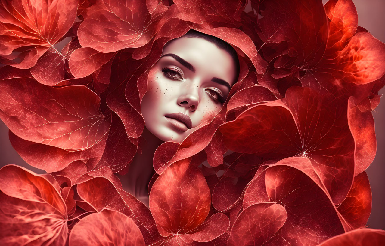 Woman's Face Surrounded by Red and Pink Hydrangea Blooms