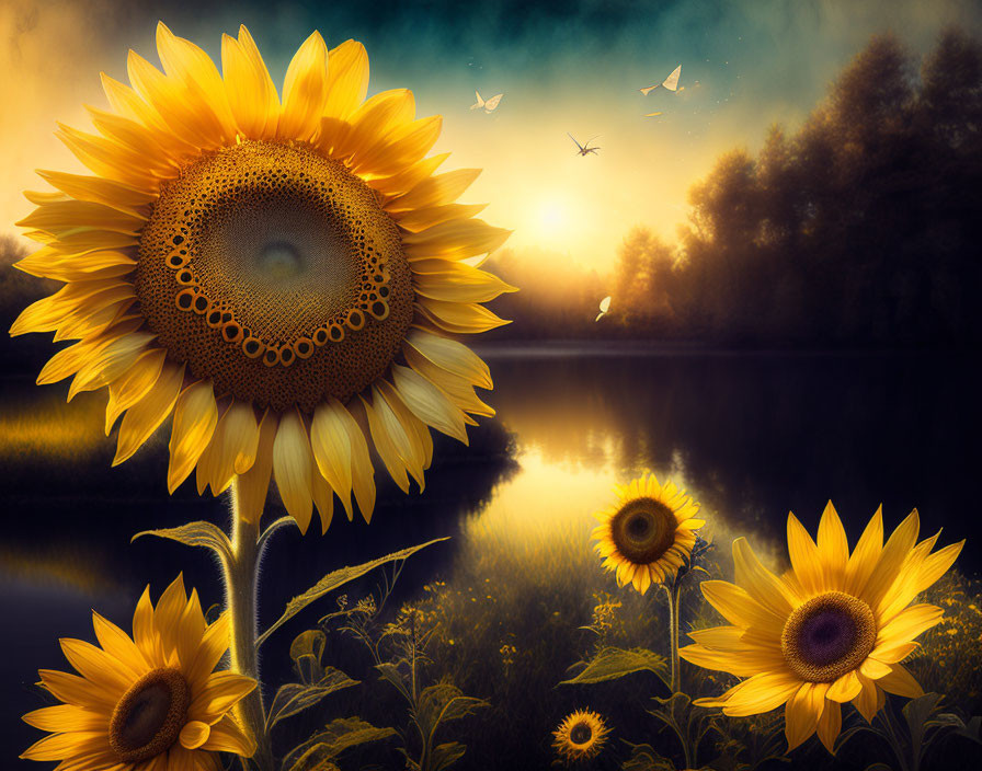 Tranquil sunset scene with vibrant sunflowers by a calm lake