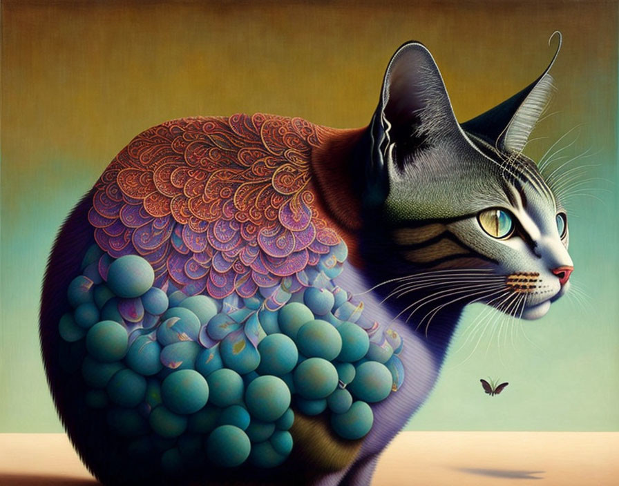 Intricately patterned surreal cat illustration with feather-like designs