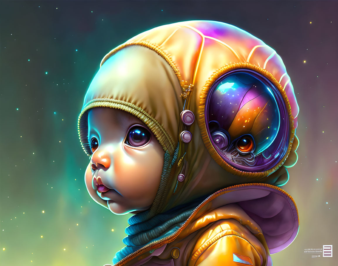 Baby in Space Helmet and Orange Spacesuit with Cosmic Background