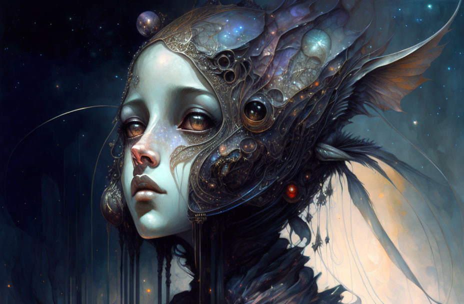 Ethereal female portrait with cosmic and mechanical elements