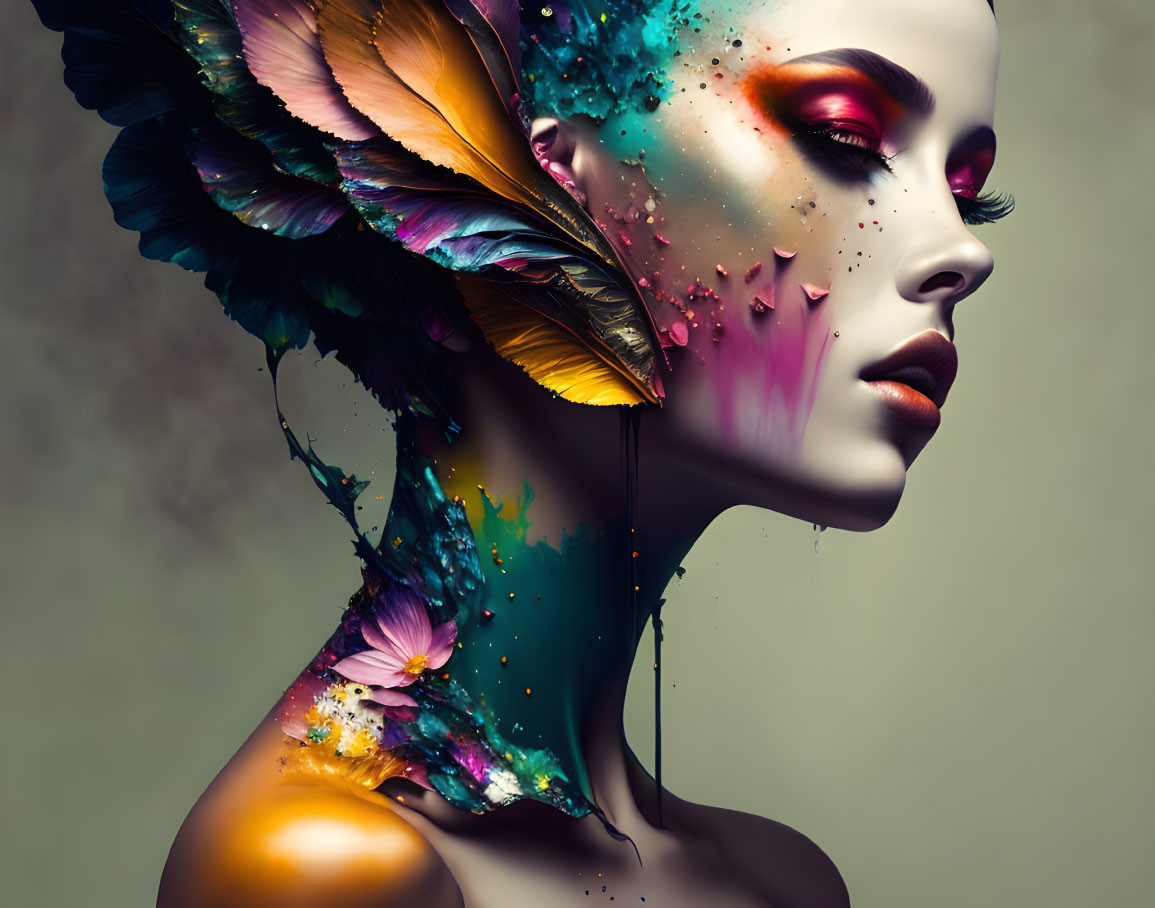 Colorful digital art portrait of a woman with splashes and feathers.