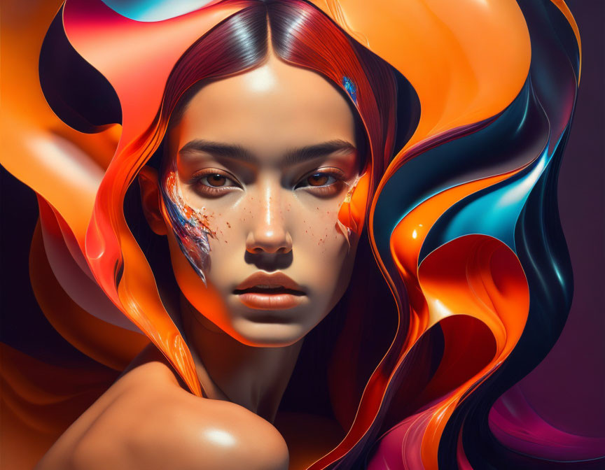 Vibrant digital artwork: Woman with flowing orange, blue, and black hair