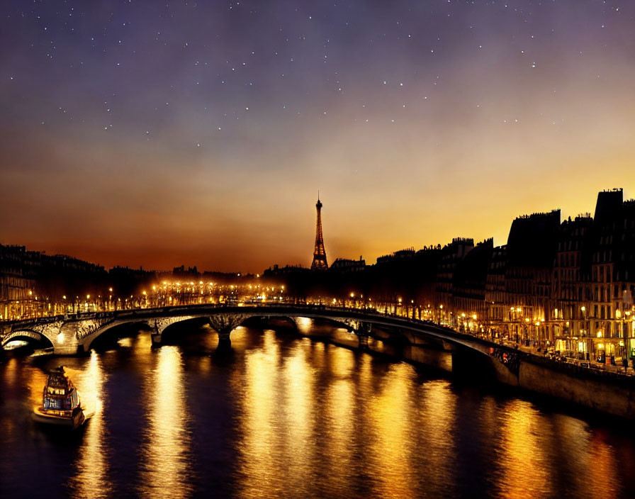 Twilight scene of Seine River with Eiffel Tower and city lights