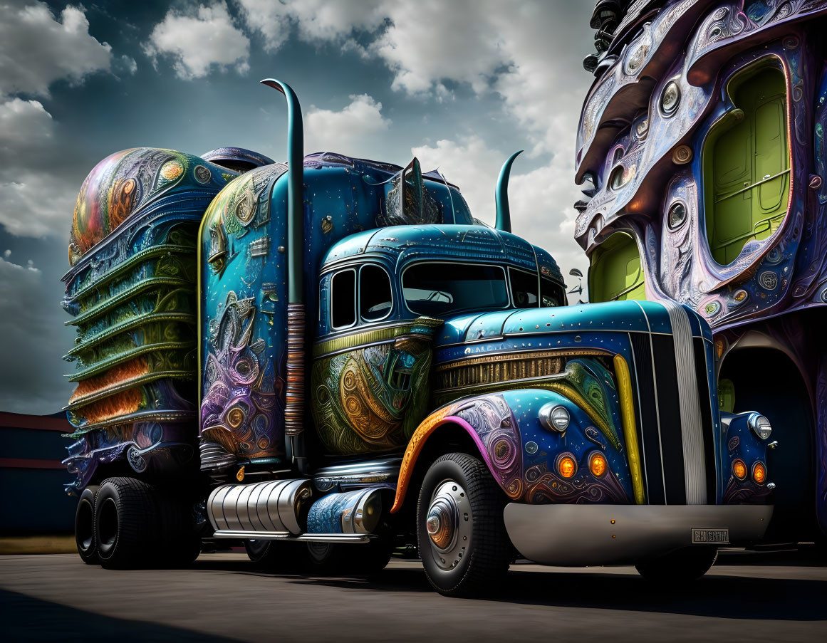 Colorful cosmic designs on semi-trucks under dramatic sky